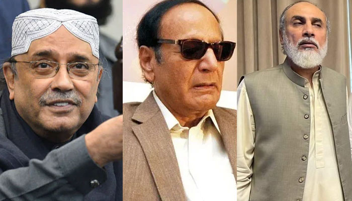 (From left) Asif Alil Zardari, Chaudhry Shujaat Hussain, Khalid Magsi. Photo: The News/File