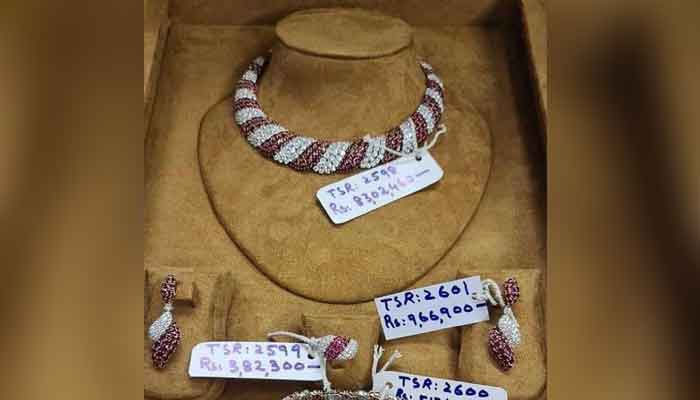 The picture shows a diamond set of approximately Rs14.827 million with the necklace costing Rs8.3 million, earrings worth Rs966,900, a ring of Rs382,300 and a bangle for Rs5.17 million. Photo: geo.tv