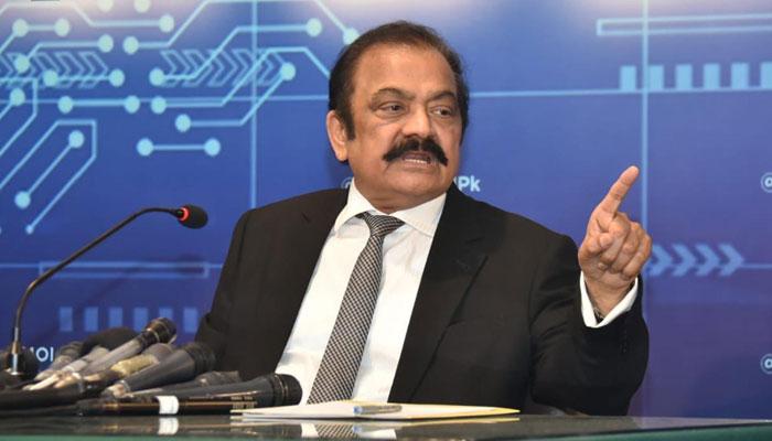 Interior Minister Rana Sanaullah addressing a press conference in Islamabad on April 22, 2022. Photo: PID
