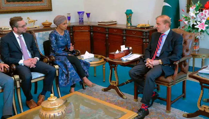 US congresswoman Ilhan Omar seen meeting PM Shehbaz. Photo: PID