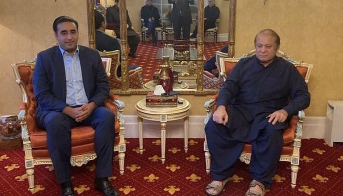 Bilawal meeting Nawaz Sharif in London around Iftar time on April 22. Photo: Twitter