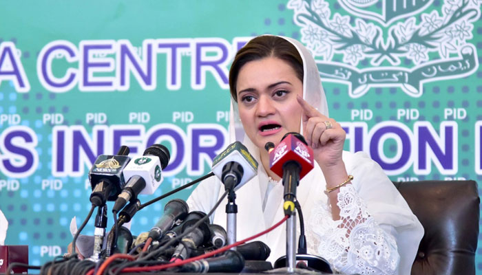 Marriyum Aurangzeb addressing a press conference in Islamabad on April 23, 2022. Photo: PID