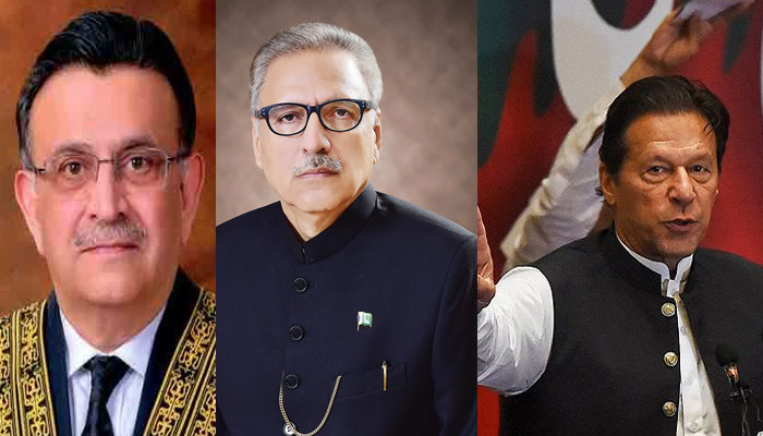 CJP Umar Ata Bandial (Left), President Arif Alvi (Centre) and Imran Khan. Photo: The News/File