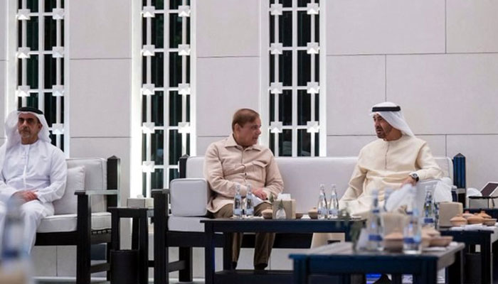 PM Shehbaz Sharif meeting Crown Prince of Abu Dhabi Sheikh Mohammad Bin Zayed Al Nahyan on Sunday. Photo: Twitter/PM office