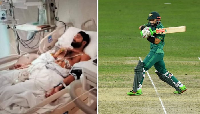 This combo shows Pakistani batter Mohammad Rizwan during his stay in the hospital (L) and in the semi-final match against Australia in Dubai during T20 World Cup 2021. —The News/File