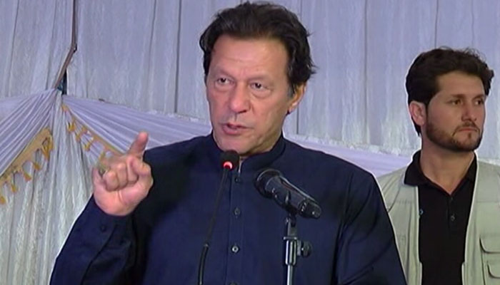 Imran Khan addressing party leaders in Islamabad on May 9, 2022. Photo: Screengrab of Twitter video from PTI.