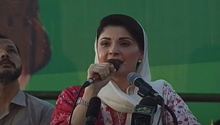 Maryam Nawaz addressing a rally in Swabi on May 11, 2022. Photo: Twitter
