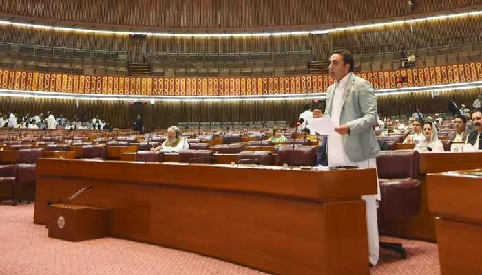 Bilawal Bhutto-Zardari moving the resolution condemning India for a demographic engineering attempt in IIOJ&K. Photo: PID