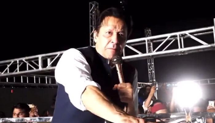 Imran Khan addressing a public rally in Sialkot on May 14, 2022. Photo: Screengrab of a Twitter video from PTI.