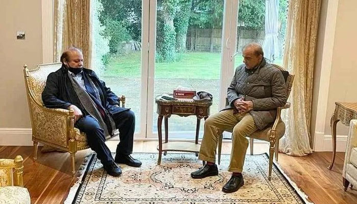 Former premier Nawaz Sharif meeting PM Shehbaz Sharif in London. Photo: Twitter
