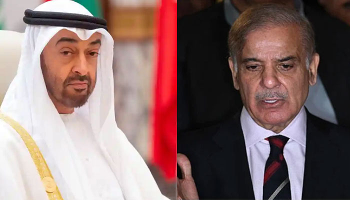 Sheikh Mohamed bin Zayed Al Nahyan (Left) and PM Shehbaz Sharif. Photo: The News/File
