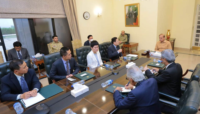 A Chinese delegation led by Ms Cheng Guoping Chinas External Security Commissioner, called on PM Shehbaz Sharif on May 19, 2022. Photo: PID