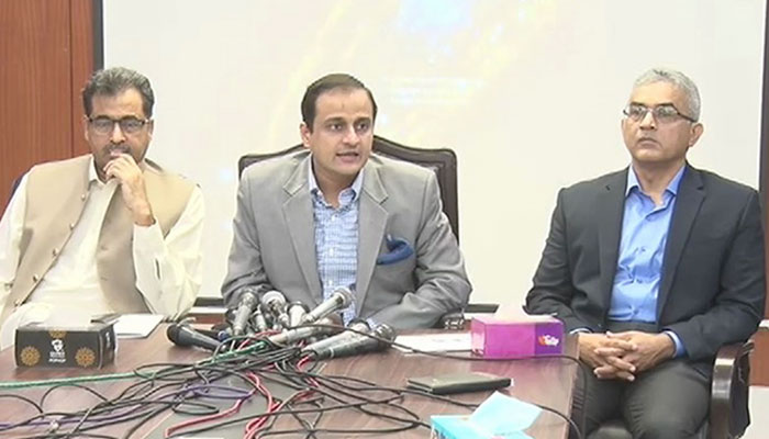 Murtaza Wahab addressing a press conference in karachi on May 19, 2022. Photo: Screengrab of a video on Twitter