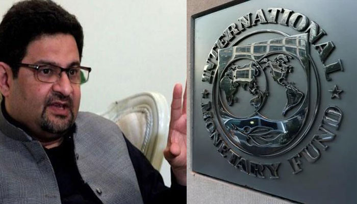 Miftah Ismail and the IMF logo. Photo: The News/File