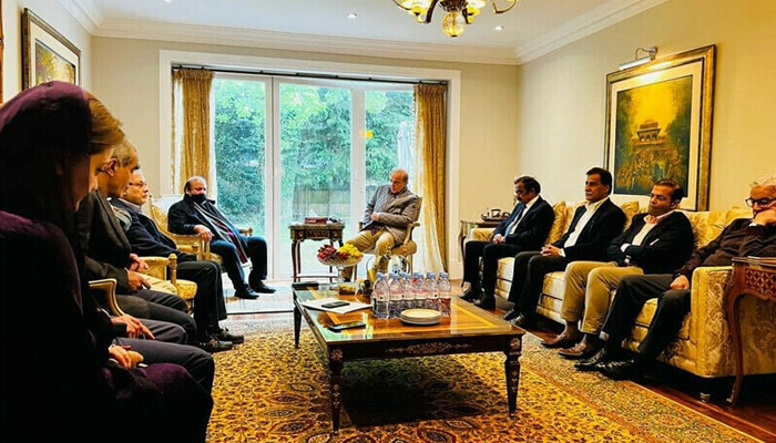 PML-N supremo Nawaz Sharif chairing a meeting of party leaders in London. -Courtesy PML-N