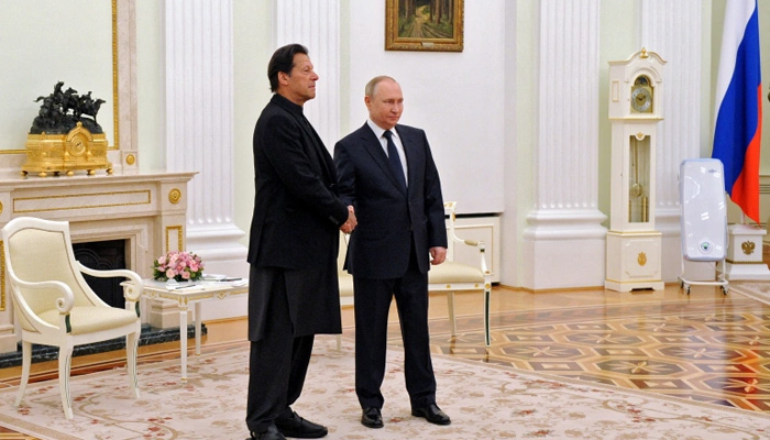 Russian President Vladimir Putin shakes hands with Pakistans Prime Minister Imran Khan during a meeting in Moscow, Russia on February 24. Courtesy Kremlin