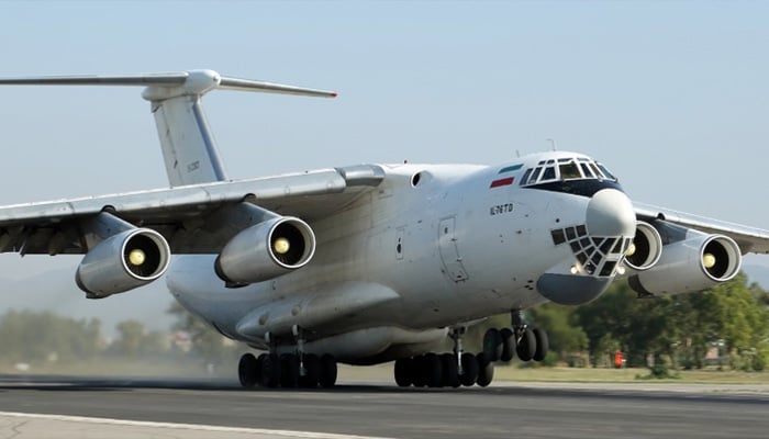 In this photo provided by PAF, Irans firefighting tanker aircraft Ilyushin-76 can be seen at PAF Nur Khan base.