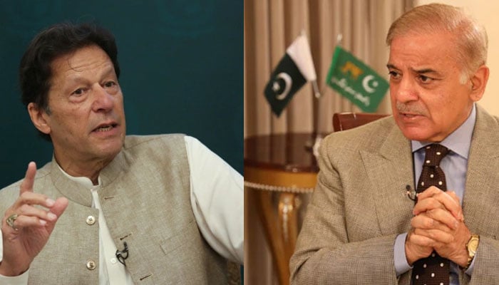 Former PM Imran Khan (Left) and PM Shehbaz Sharif. Photo: The News/File