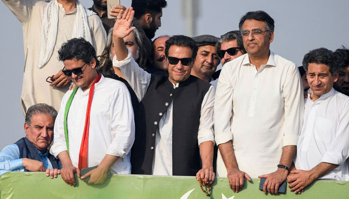 Former PM Imran Khan addressing the PTI supporters around the D-Chowk in Islamabad on May 26, 2022. Photo: Twitter