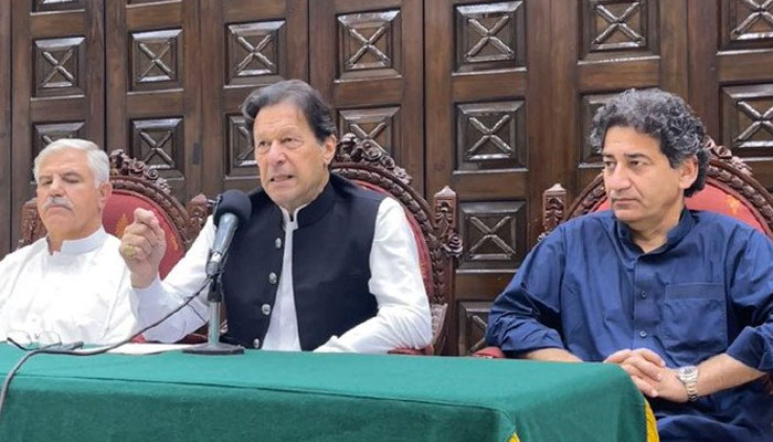PM Imran Khan addressing a press conference in Peshawar on May 27, 2022. Photo: Screengrab of a Twitter video.