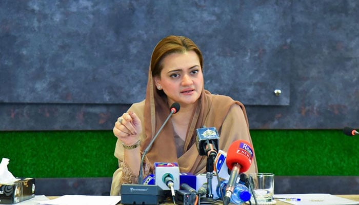 Information Minister Marriyum Aurangzeb addressing a press conference in Islamabad on May 27, 2022. Photo: PID