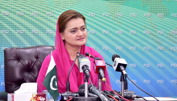 Information Minister Marriyum Aurangzeb addressing a press conference in Islamabad on May 28, 2022. Photo: PID
