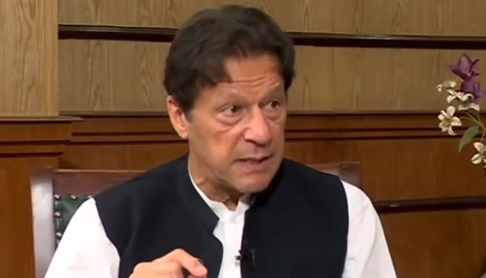 Former PM Imran Khan talking to a private news channel on May 30, 2022. Photo: Screengrab of a Twitter/PTIOfficial video.