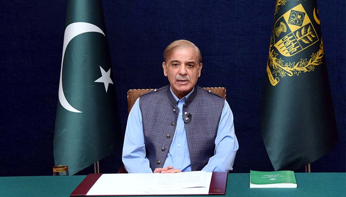 Prime Minister Shehbaz Sharif addressing the nation in this file photo. -APP