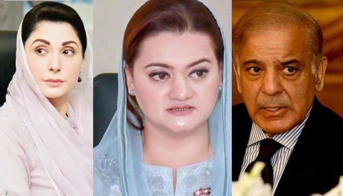 From Left: PML-N Vice-President Maryam Nawaz, Information Minister Marriyum Aurangzeb and PM Shehbaz Sharif. Photo: The News/File