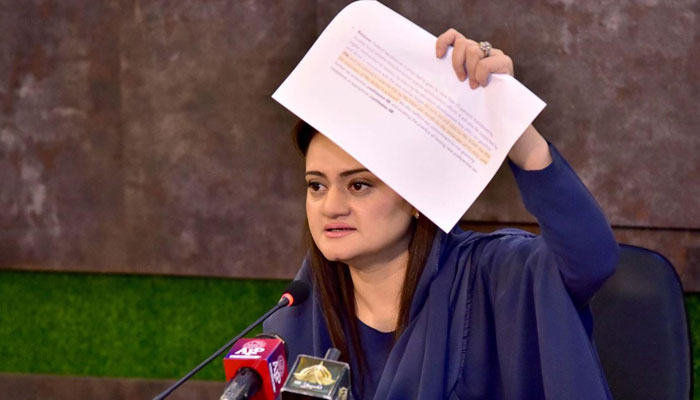 Information Minister Marriyum Aurangzeb addressing a press conference in Islamabad on June 3, 2022. Photo: PID