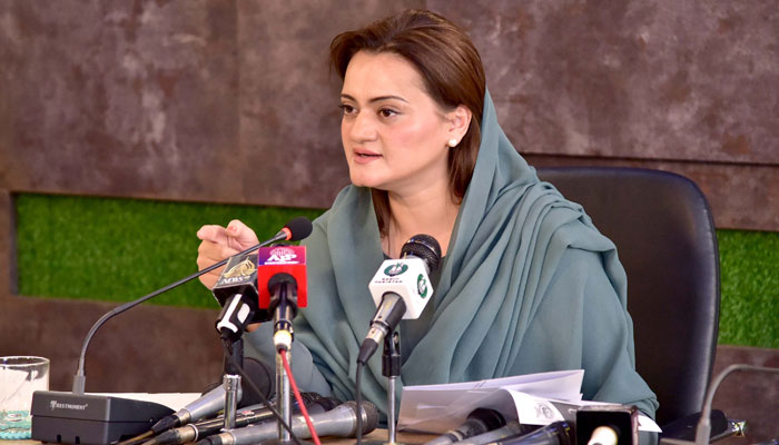 Information Minister Marriyum Aurangzeb addressing a press conference in Islamabad on June 7, 2022.