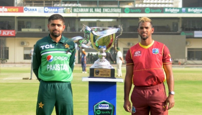 Pakistans Babar Azam and West Indies skipper Nicholas Pooran at the trophy unveiling ceremony. COurtesy PCB