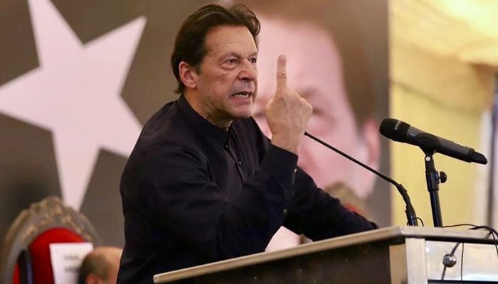 Ex-PM Imran Khan addressing the PTI’s National Council meeting in Islamabad on June 8, 2022. Photo: Twitter/PTIOfficial