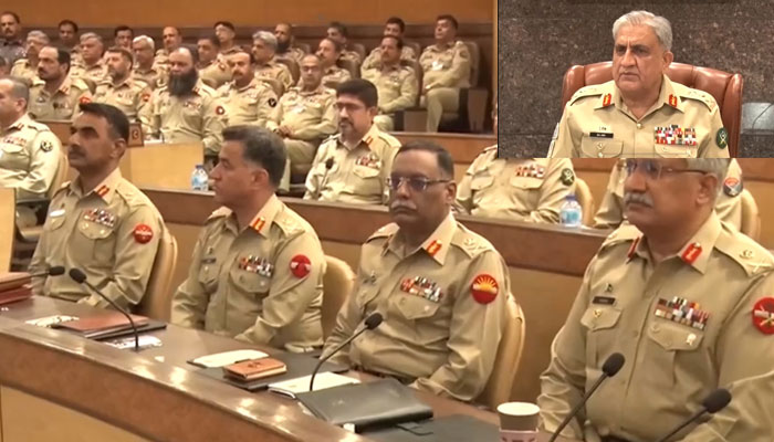 Army Chief General Qamar Javed Bajwa addressing the 80th Formation Commanders’ Conference at the General Headquarters, Rawalpindi on June 8, 2022. Photo: Screengrab of a Twitter video released by the ISPR.