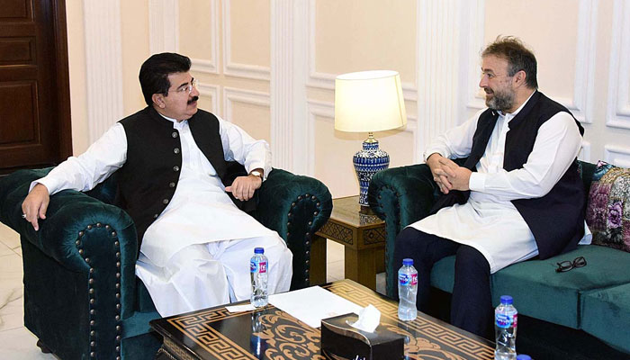 Najy Benhassine, World Bank Country Director for Pakistan, is seen having a discussion with Senate Chairman Sadiq Sanjrani on June 8, 2022.