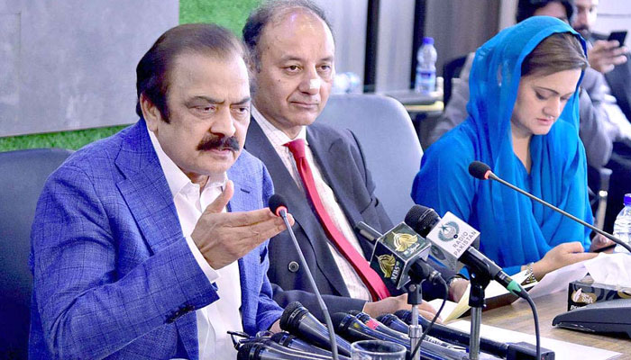 Interior Minister Rana Sanaullah, along with other ministers, addressing the post-cabinet meeting in Islamabad on June 14, 2022.