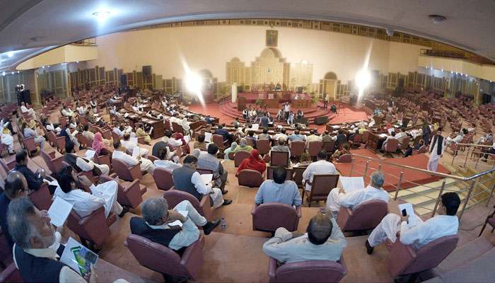 An inside view of the Aiwan-e-Iqbal as provincial minister Awais Leghari is presenting the budget 2022-23 on June 15, 2022. Photo: Online