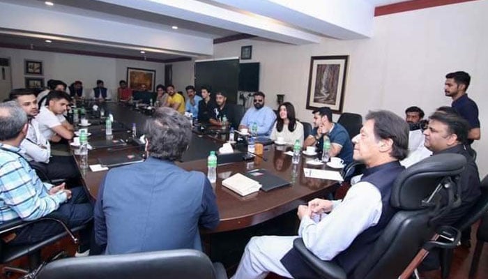 Imran Khan chairing a meeting of his party spokespersons in Islamabad on June 18, 2022. Photo: Twitter