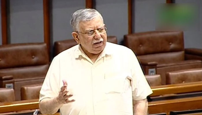Former finance minister Shaukat Tarin speaking at the Senate of Pakistan floor on June 23, 2022. Photo: Screengrab of a Twitter video.