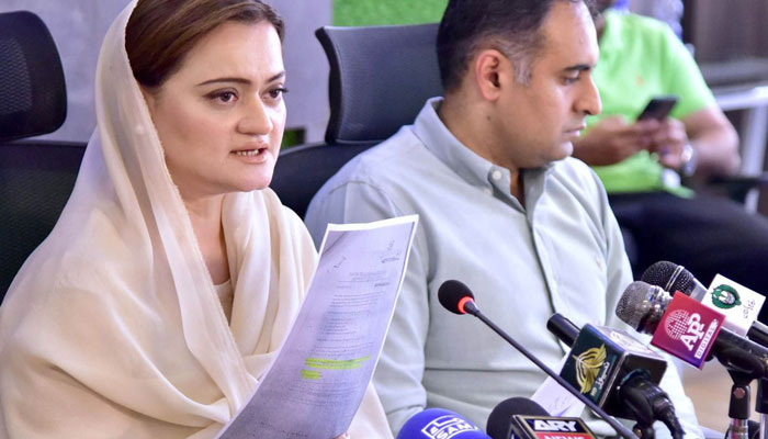 Information Minister Marriyum Aurangzeb addressing a press conference in Islamabad on June 25, 2022. Photo: PID