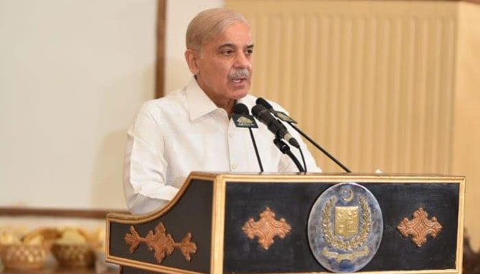 PM Shehbaz addressing the members of the National Assembly from the PML-N and allied parties in Islamabad on June 27, 2022. Photo: PID