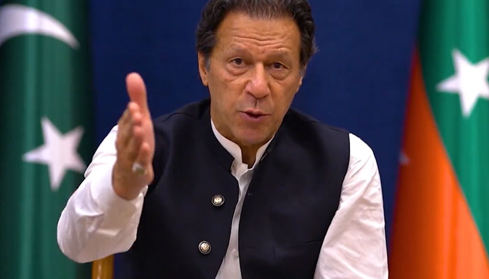 Ex-PM Imran Khan addressing a webinar under the aegis of Islamabad Policy Institute on July 1, 2022. Photo: Twitter