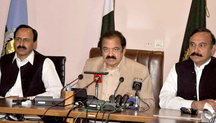 Rana Sanaullah addressing a press conference in Islamabad on July 2, 2022. Photo: PID