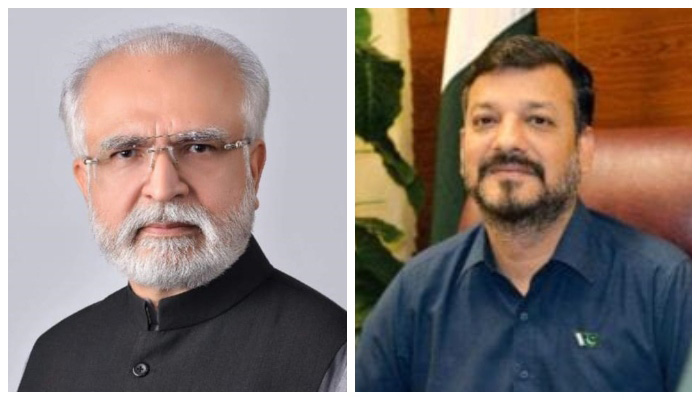 This combo shows PTIs Mahmood Moulvi and MQM-P nominee Moeed Anwar for NA-245 by-polls.