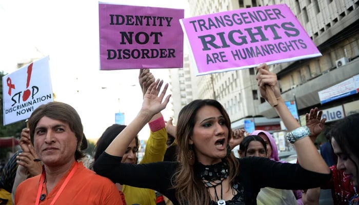 Trans persons march at a rally outside Karachi Press Club for World Aids Day in 2013. — AFP/File