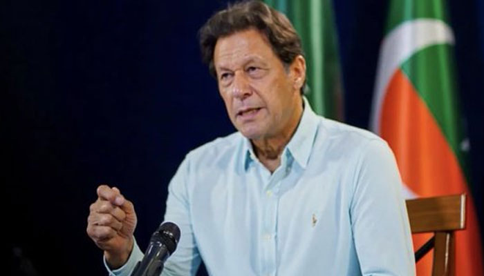 Ex-PM Imran Khan addressing a press conference through a videolink in Islamabad on July 6, 2022. Photo: Twitter/PTIOfficial