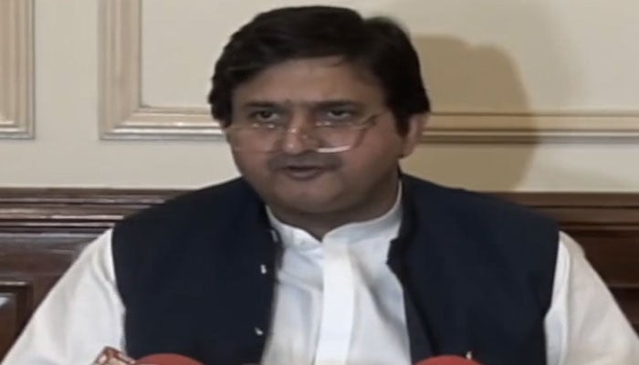 Punjab Law Minister Malik Ahmad Khan addressing a press conference in Multan on July 6, 2022. Photo: Screengrab of a Twitter video