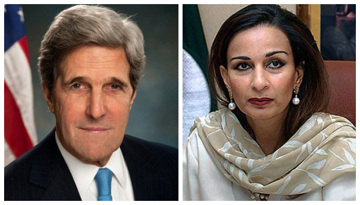 The combo shows  United States Special Presidential Envoy for Climate John Kerry (L) and Federal Minister for Climate Change Senator Sherry Rehman (R).