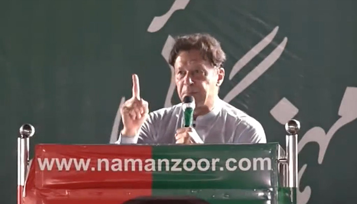 PTI Chairman Imran Khan addresses a rally during Punjab by-polls campaign on July 12, 2022. -Screengrab