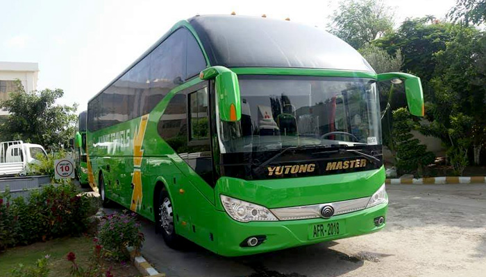 Yutong Master bus parked at a station in Karachi.
